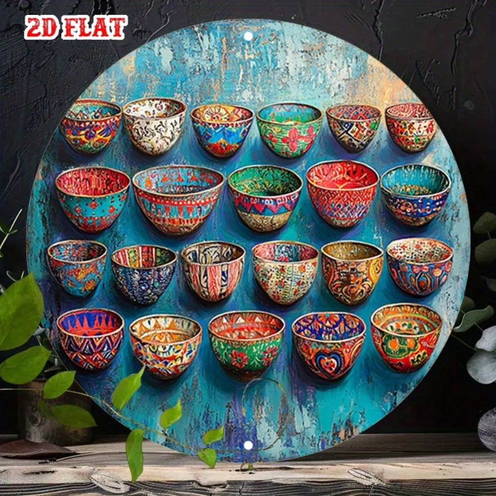 

2D Retro Tin Sign Wall Art Colorful Bowls Aluminum Poster for Beach Outdoor Leisure Decor 20x20