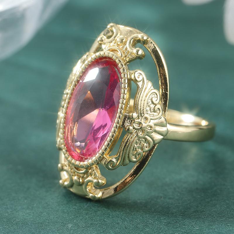 Vintage Inlaid Red CZ Women's Ring Elegant Gold Color Hand Carving Hollow Daily Wear Party Jewelry Anniversary Gift