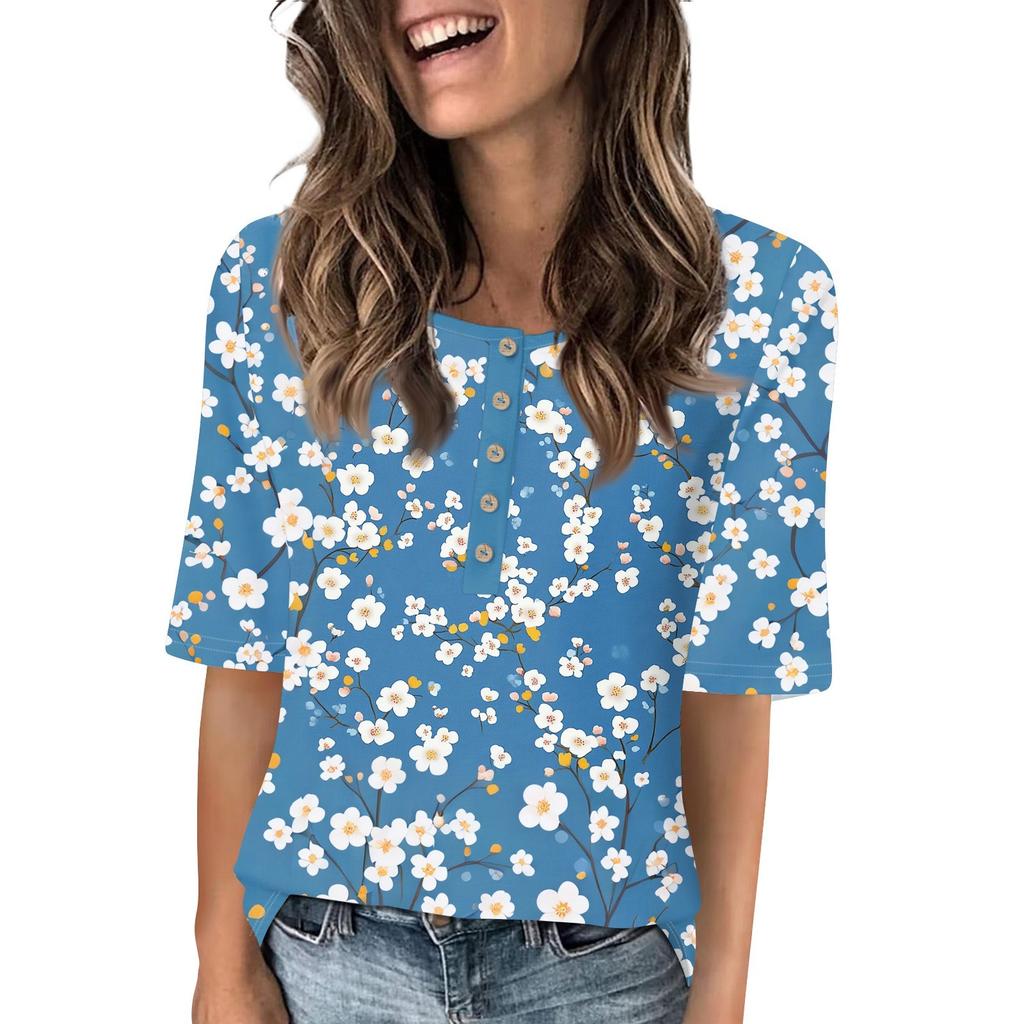 Shirts For Women Trendy Round Neck Button T Shirts Printed  Blouse Half Sleeve Tops For Women