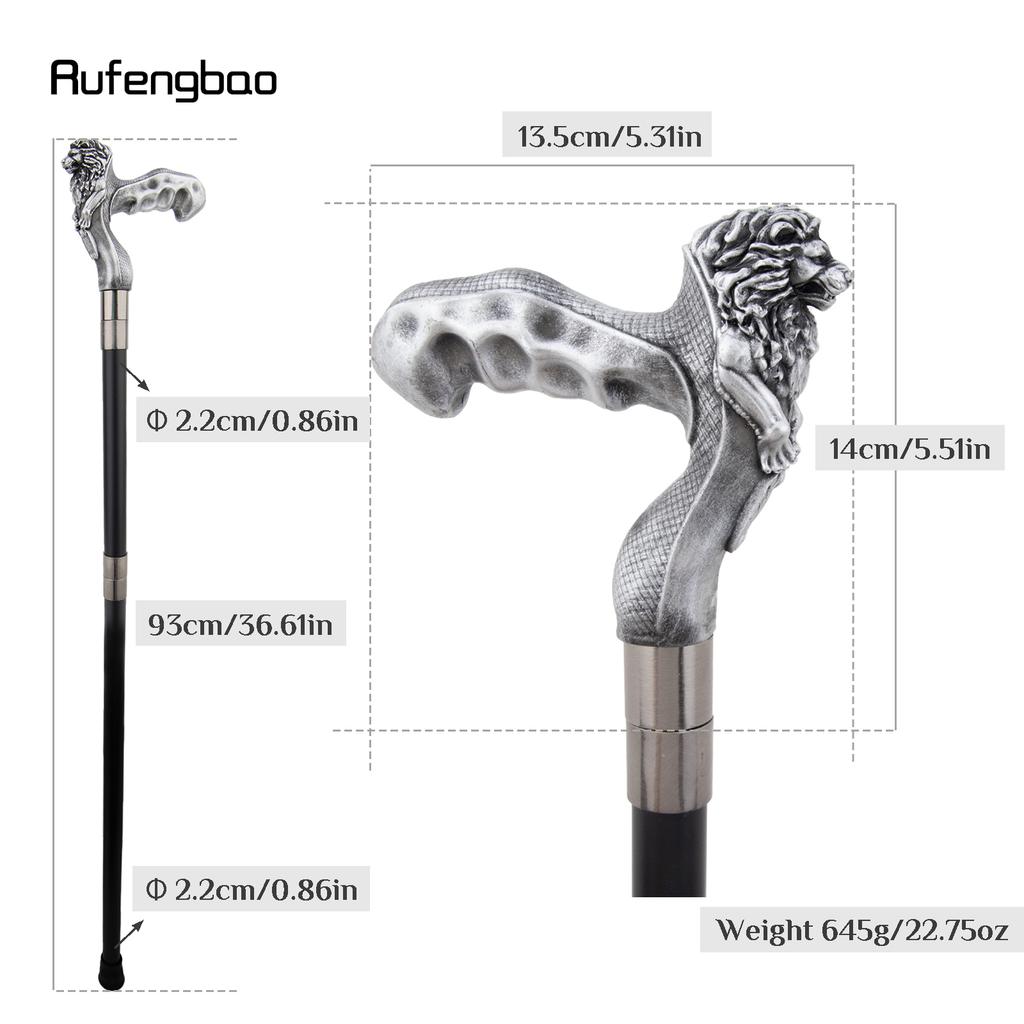 Silver Lion Head Resin Walking Cane Fashion Decorative Steel Stick Gentleman Lion Performance Stage Cane 93cm