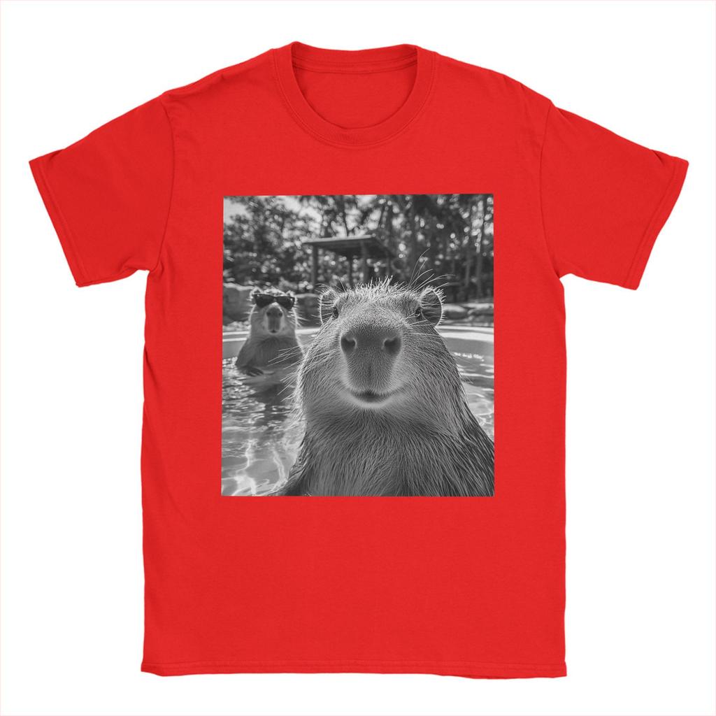 Novelty Cool Capybara Selfie T-Shirts for Men O Neck 100% Cotton T Shirt Short Sleeve Tees Gift Idea Tops