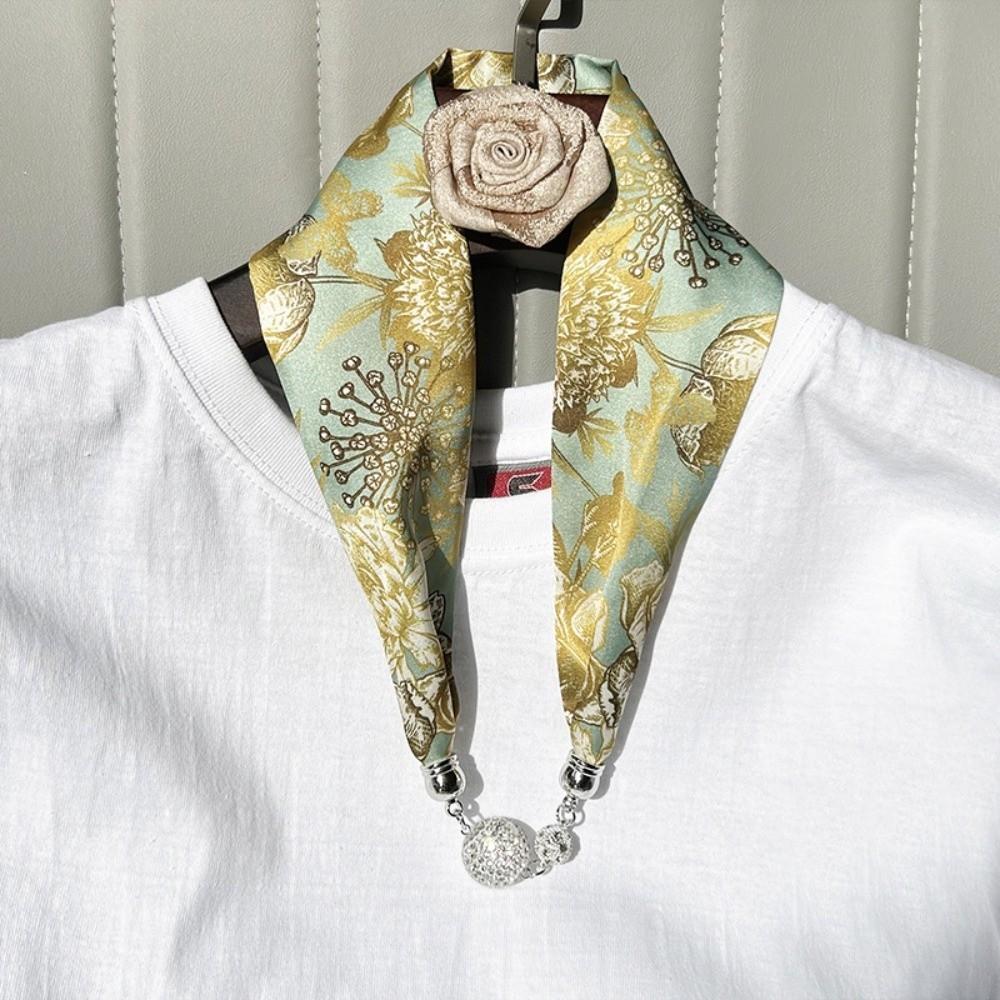 Pearl Diamond Silk Scarf Korean Retro Women's Scarf Chain Magnetic Buckle Scarf  Effortless Styling