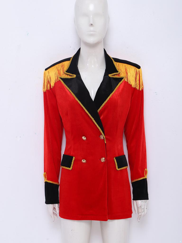 Women Circus Master Outerwear Velvety Lapel V Neck Double-breasted Coat with Gold Lace Tassel Epaulet for Halloween Rave Party
