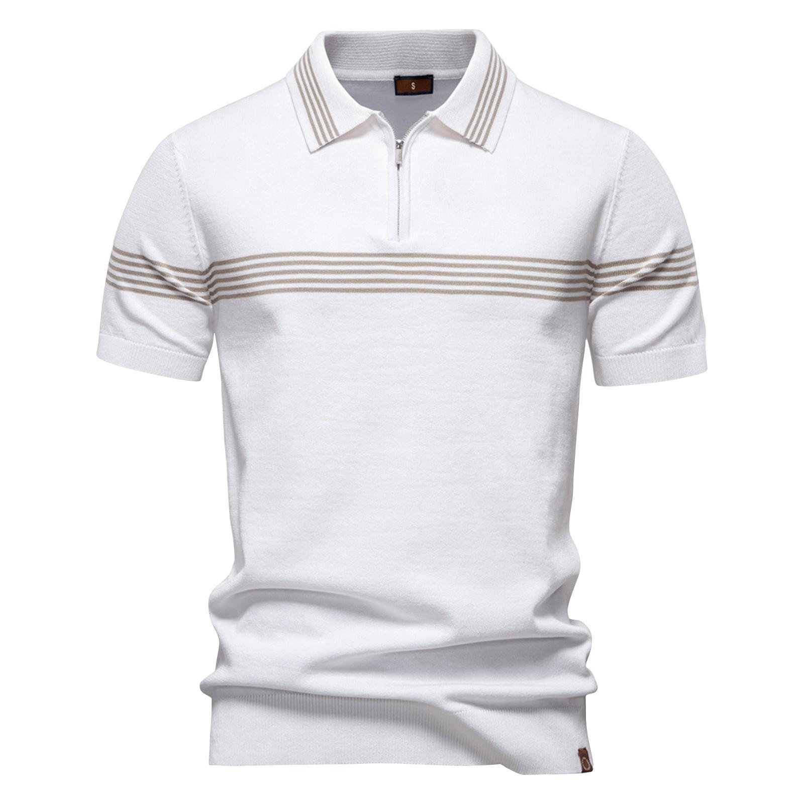 

Мужская летняя полосатая трикотажная рубашка с коротким рукавом на молнии с лацканами, мужская повседневная модная рубашка XL белый