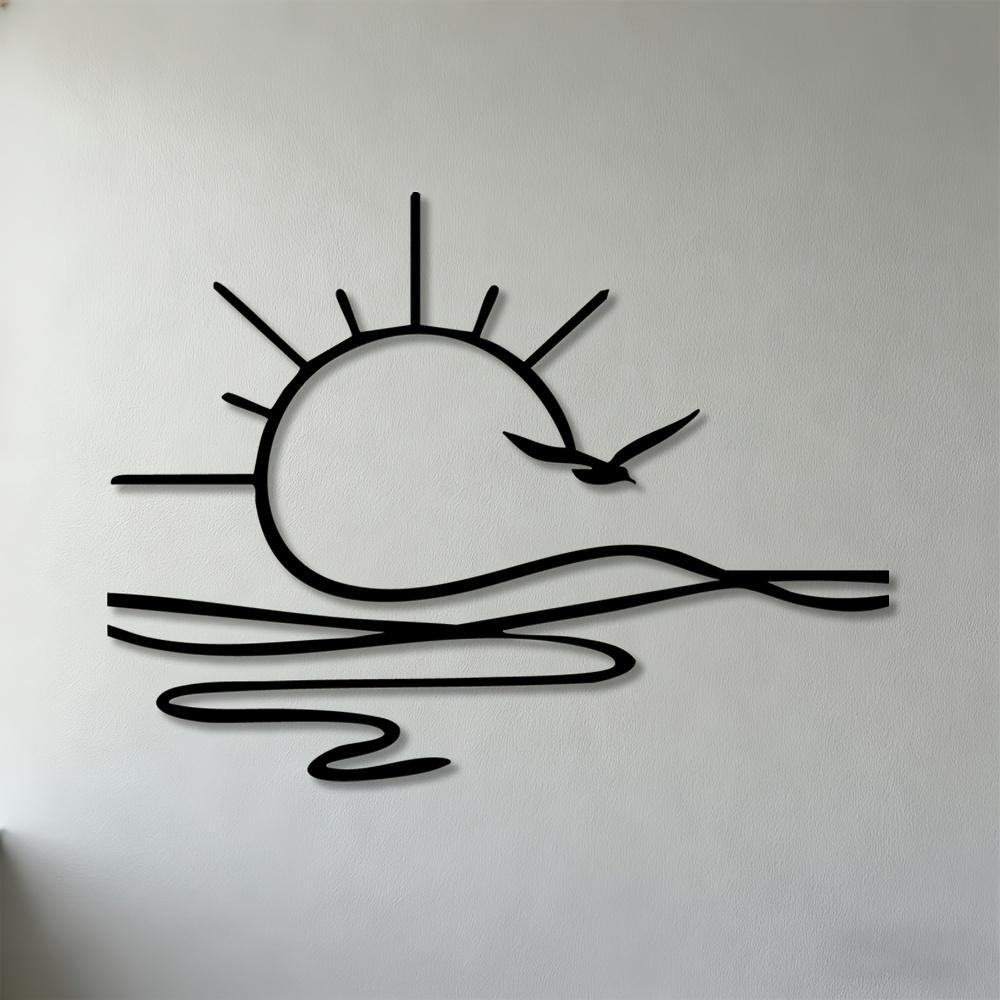 1pc 2D Flat Sunset Seagull Ocean Metal Wall Art, Plane Wall Sculpture for Living Room Bedroom Office Decor