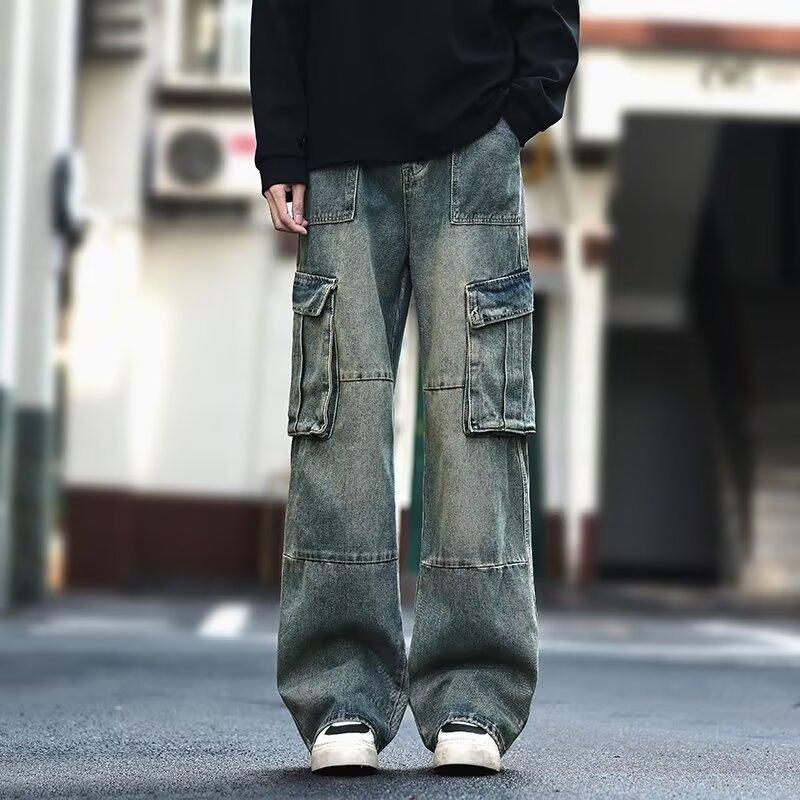 Джинсы мужские JYL Винтажные Гонконгский стиль Однотонные Свободные Универсальные Для commutes Прямые Деним XXL бездна