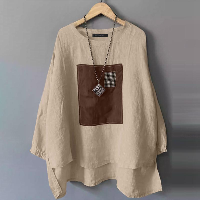 

ZANZEA Женская повседневная блузка с круглым вырезом и длинным рукавом в стиле пэчворк хаки