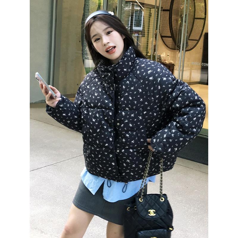 Fresh small floral short down cotton clothes for women's winter new college style thickened warm cotton-padded jacket