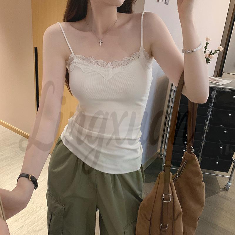 Retro Gray Lace Trim Sleeveless Camisole - Women s Summer 2026 Large белый