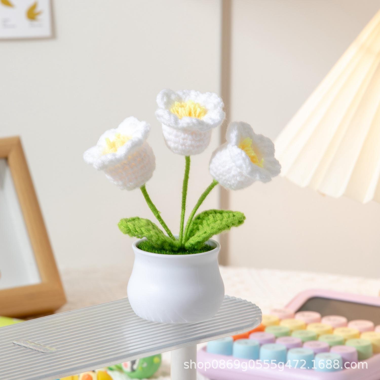 Finished Hand-woven Lily of the Valley Potted Home Decoration Knitted Artificial Flowers (as the picture,Extra Large)