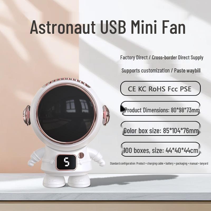 Astronaut Cartoon Neck-Hanging USB Rechargeable Mini Fan with Digital Display - Silent, Portable, and Popular. 500mAh