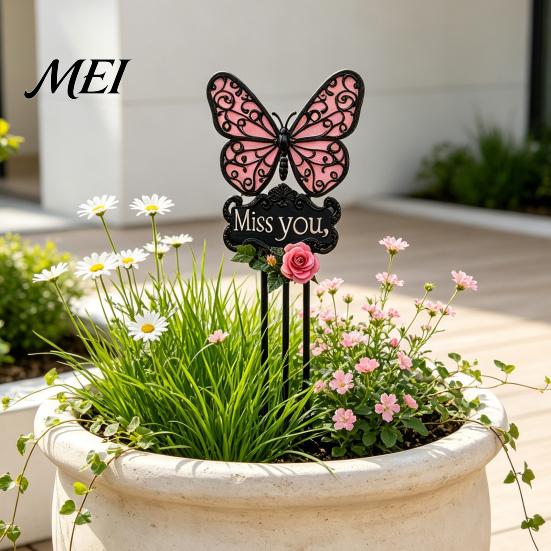 Outdoor Sympathy Gift Butterfly Memorial Garden Stake, Miss You Sign, Pink Acrylic Rose Decor Yard Art Stake for Lawn Courtyard Cemetery Decoration