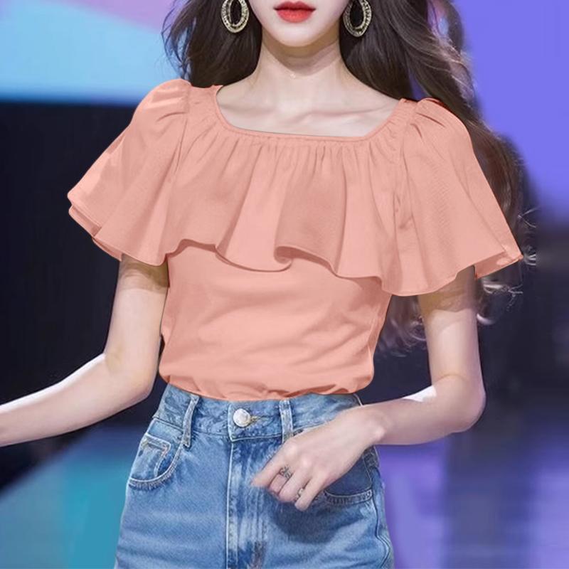 

ZANZEA Женская повседневная блузка с круглым вырезом и короткими рукавами и оборками 2XL розовый