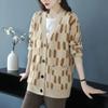 Herbst/Winter Damen Übergröße Strickjacke Pullover V-Ausschnitt Lockere Strickjacke Bedrucktes einreihiges Strickoberteil