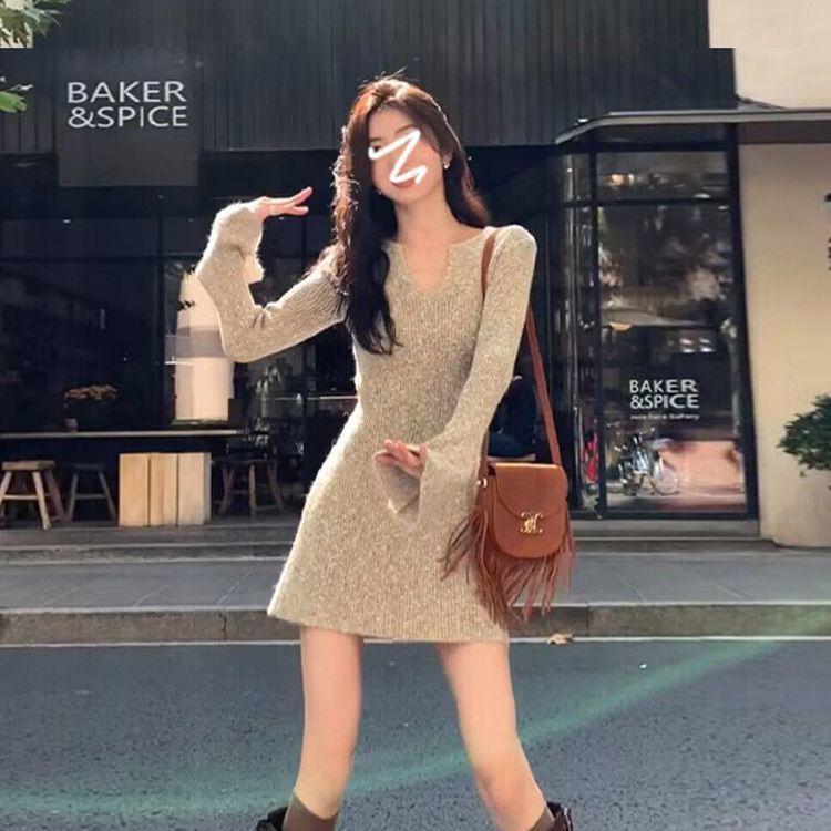 

Elegant French-Style V-Neck Knitted Dress - Women s Autumn/Winter Hip Wrap Skirt One Size абрикосовый