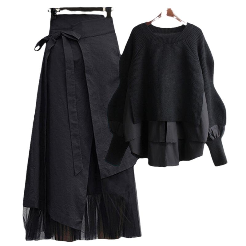 Women's Spring Autumn Fashion Two Piece Knit Sweater Strap A-line Skirt Suit  Elegant Pullover Dress Matching Set