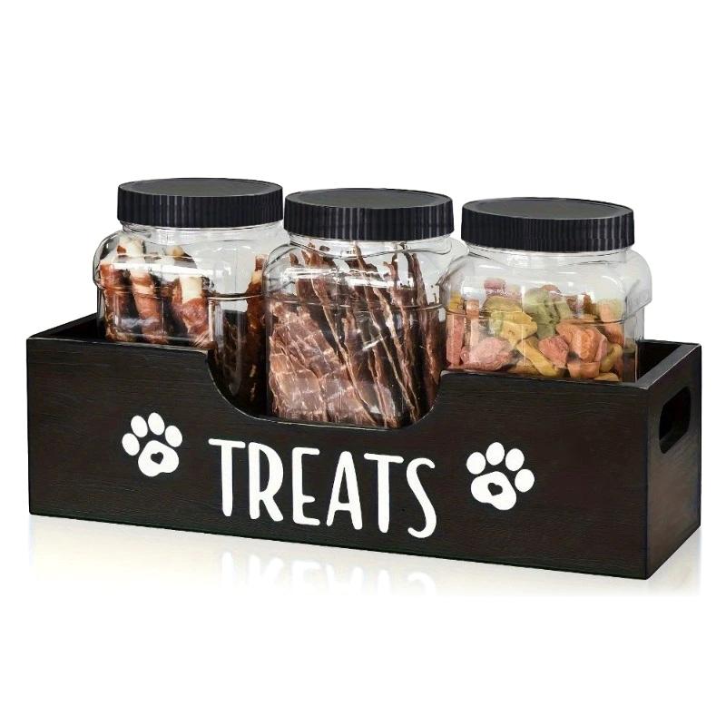 

Wooden Pet Treat Holder, (With 3 Sealed Plastic Jars) Uncharged Containers For Dog Food And Cat Food Storage - Durable Wood Mate