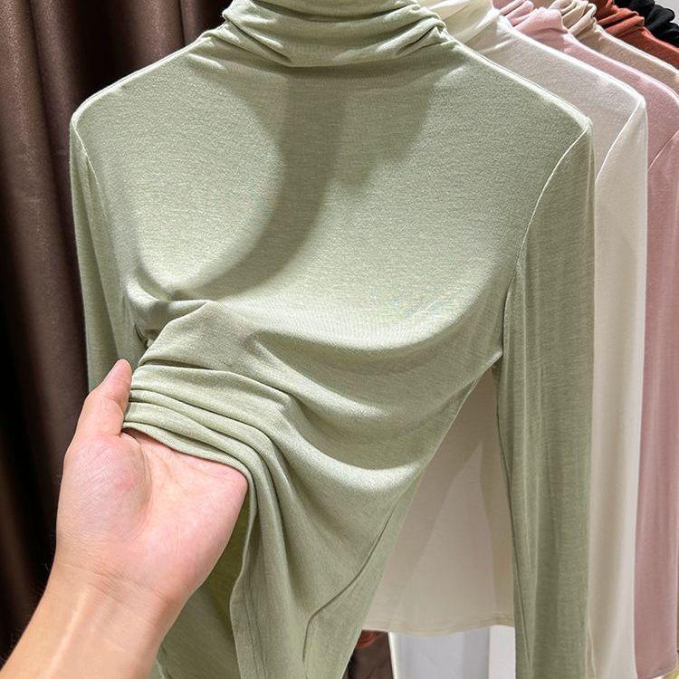 Women's Modal Apricot Slim Fit High Neck Base Layer Shirt for Spring/Autumn