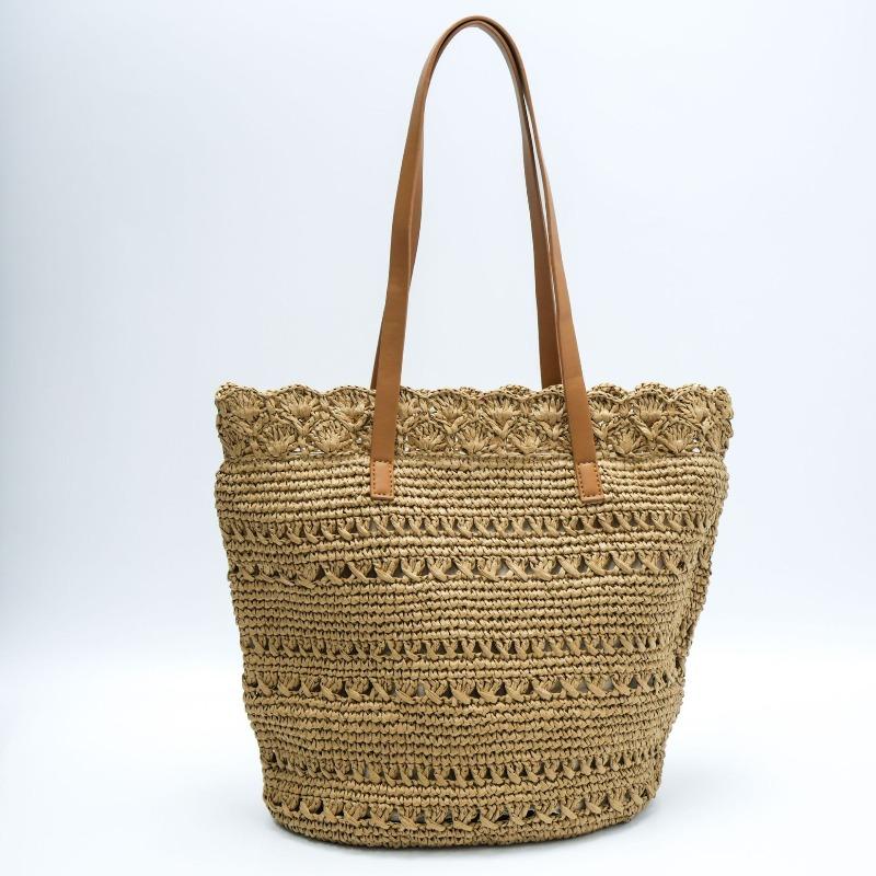 

Paper rope lace straw bag handmade zipper woven bag large capacity shoulder canvas lined beach tote bag Welt zipper