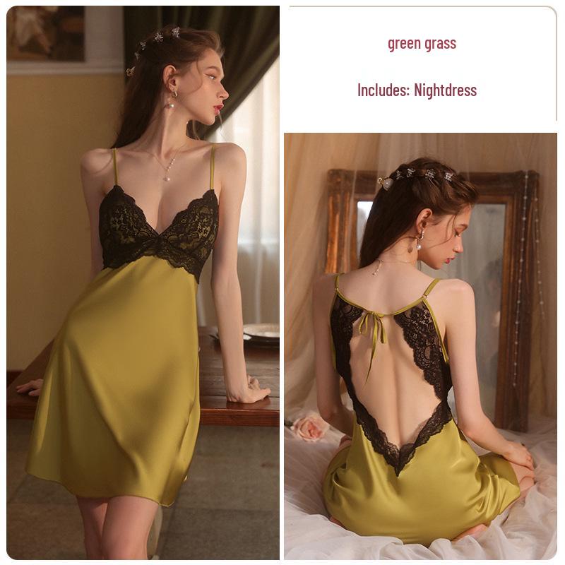 Stunning Satin Lace Backless Tie-Waist Camisole Nightgown Robe with Padding