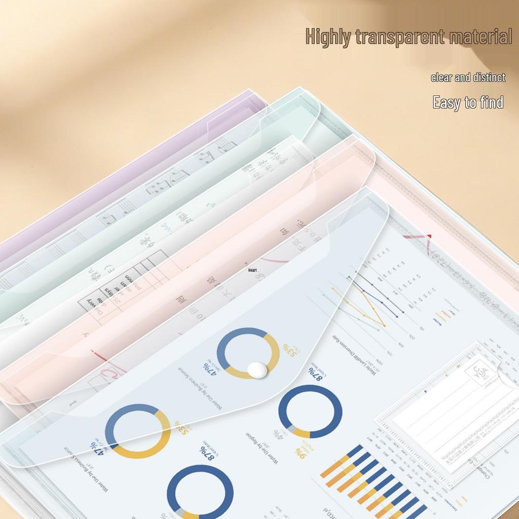 9021 Transparent File & Document Storage Bag - A4, Thickened, Waterproof, Plastic Button Closure