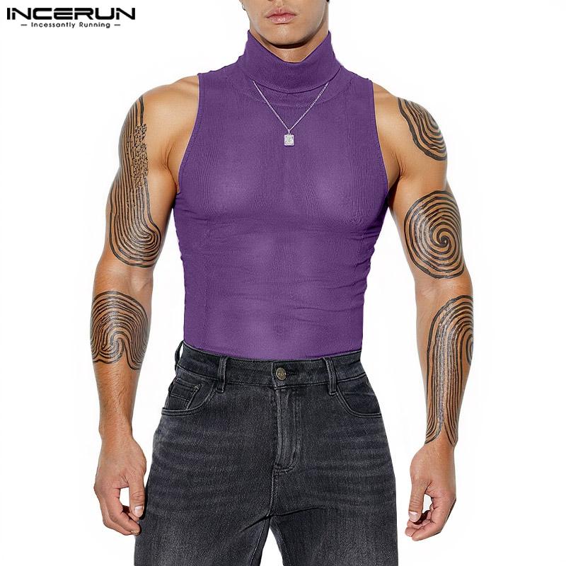 INCERUN Summer Men Turtleneck Sleeveless Racerback Rib Sport Tank Tops T-shirts