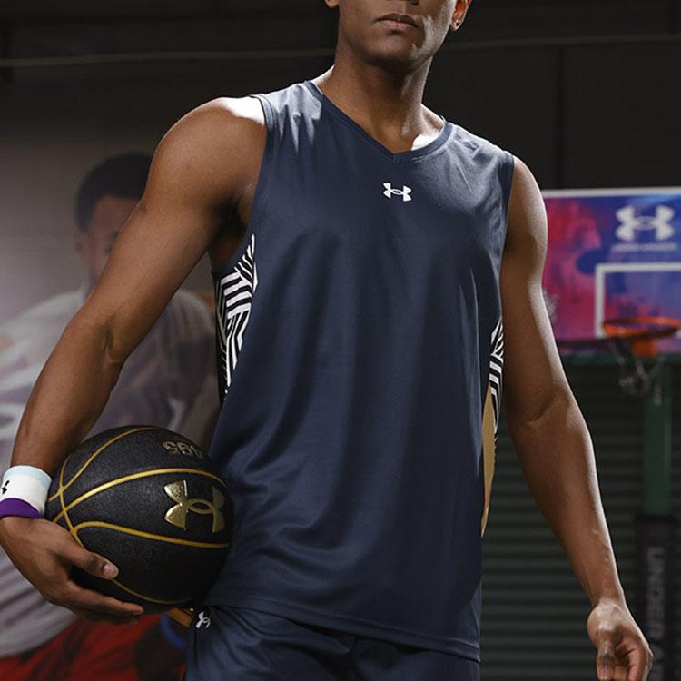 Under Armour Logo Print V-Neck Color Block Quick-Dry Training Running Fitness Basketball Tank Top Men Tank Tops Blue 23500101-408