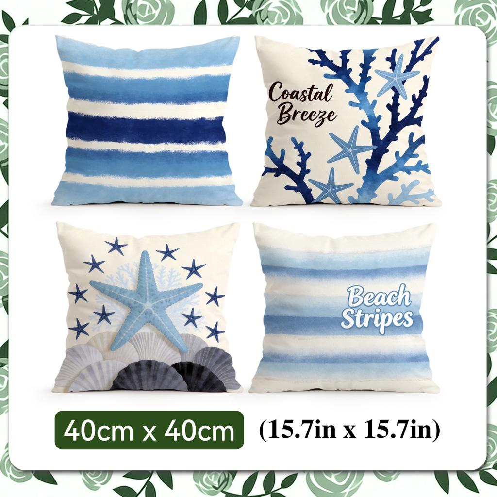 4 Pcs Blue Beach Starfish Shells Single-Sided Printed Pillowcase Cushion Cover,Suitable For Living Room,Bedroom,Car Decoration