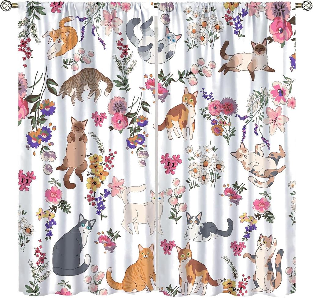 Cute Cat Curtains,Funny Kawaii Floral Kitten Watercolor Colorful Aesthetic Art Pet Love Animal Window Treatments For Kids Girls