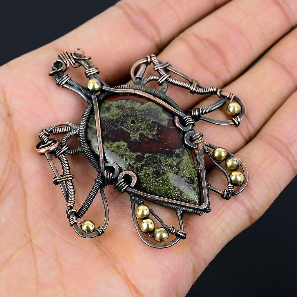 Turtle Shaped Dragon Blood Jasper Gemstone Copper Wire Wrap Handmade Pendant Jewelry