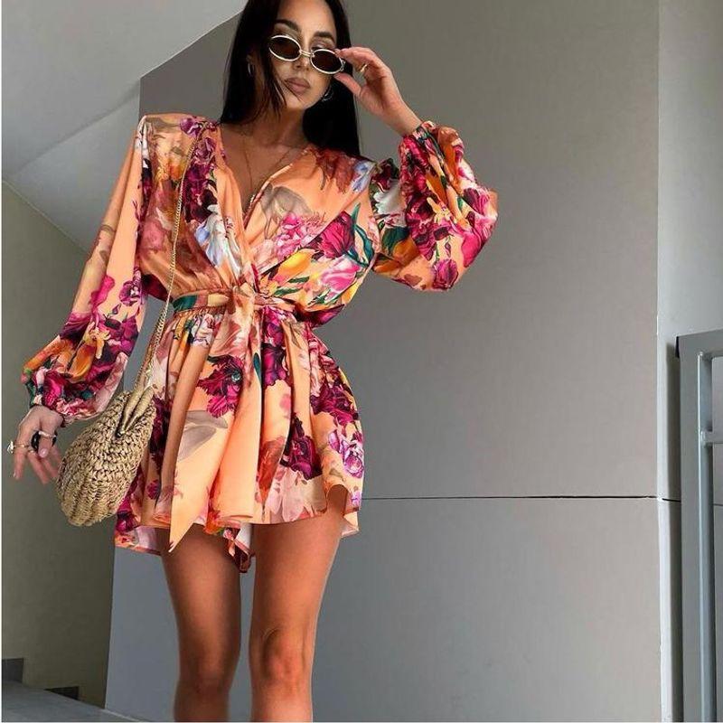 European and American Print Jumpsuit Women High Sense Drape V-neck Lace-up Waist Hugging Long sleeve Jumpsuit Shorts