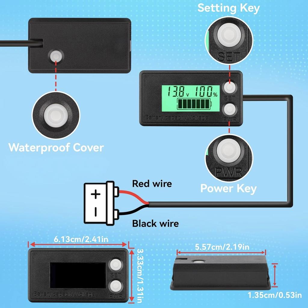 Monitor de Bateria à Prova d'Água DROK 8-100V, Voltimetro Testador de Capacidade de Bateria LCD