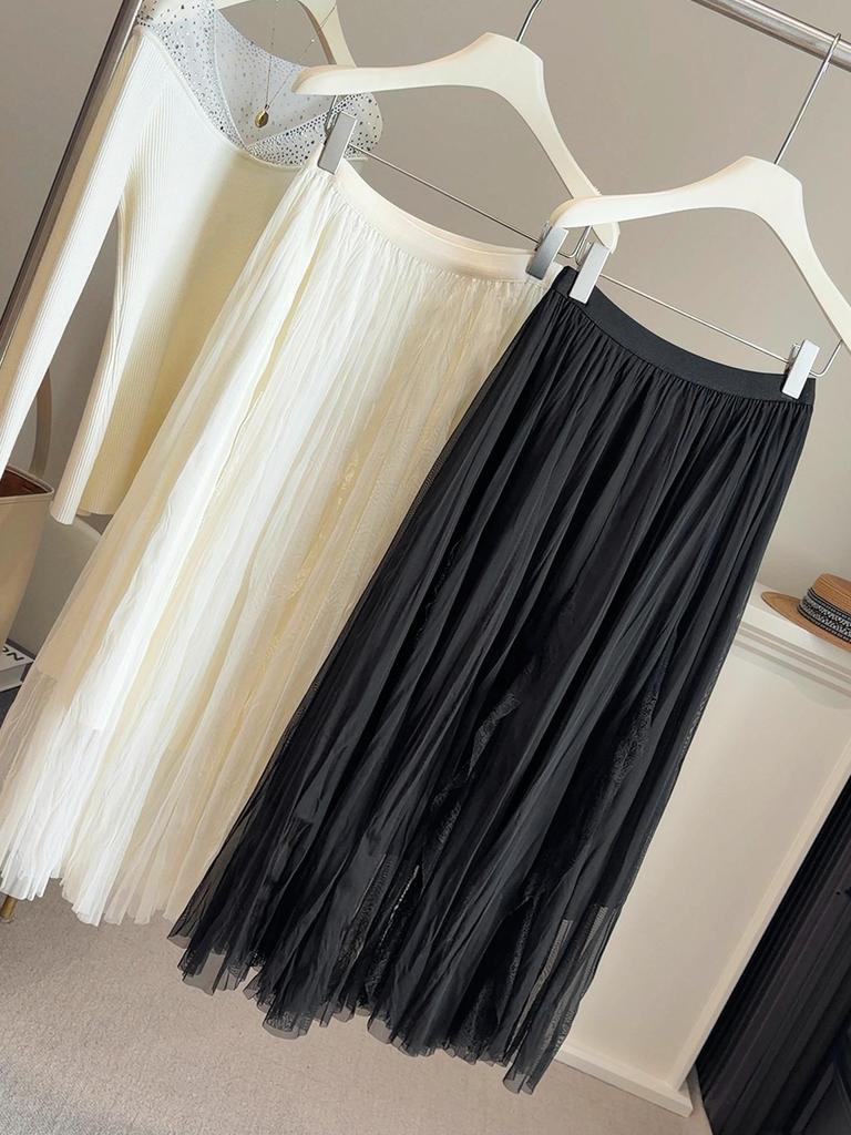 A-line Pleated Mesh Midi Skirt for Women - 2026 Spring/Summer High-waisted, Loose Fit, Large Hem Design.