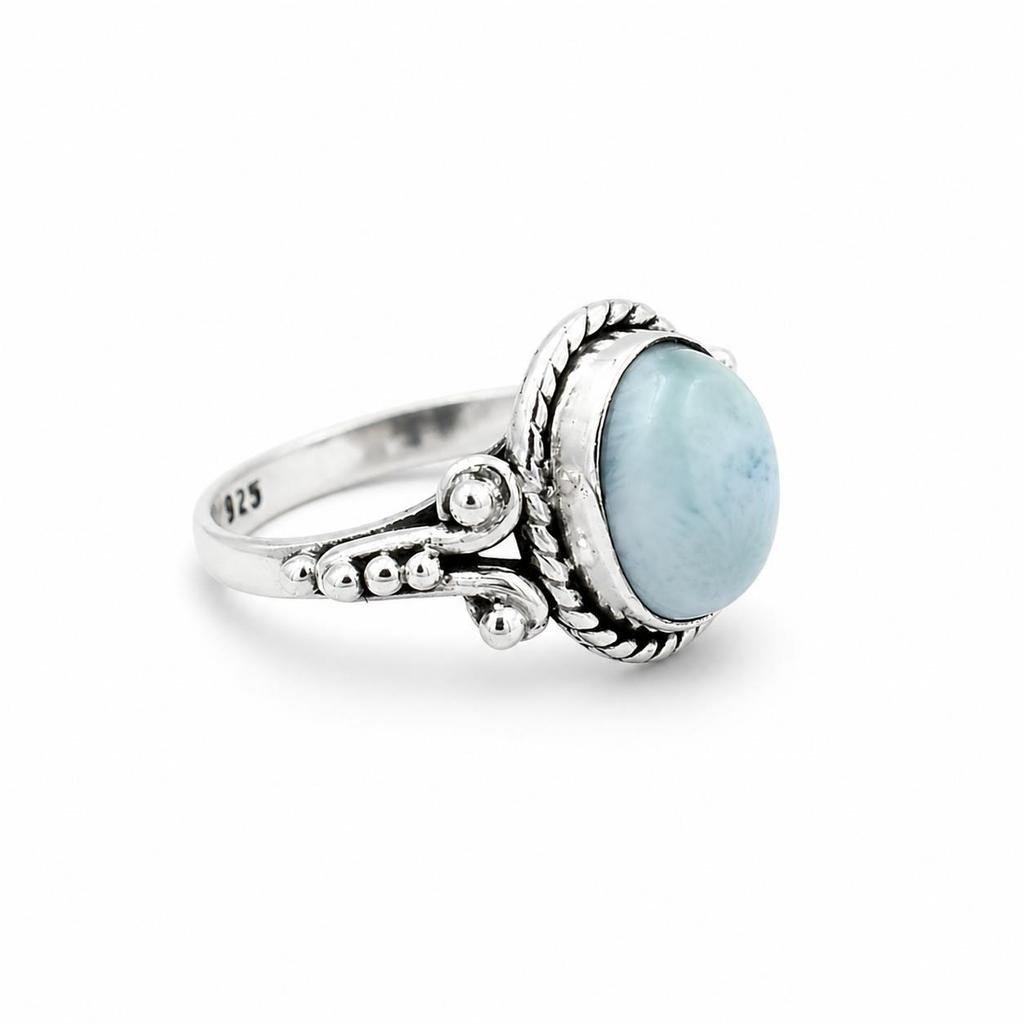 Larimar Oval Ring 925 Sterling Silver, Natural Caribbean Blue Larimar Stone Ring, Vintage Inspired Handmade Jewelry