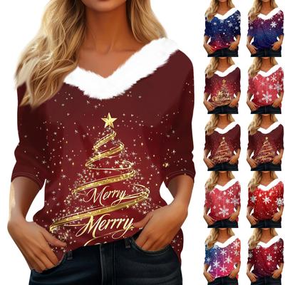 3/4 Sleeve Shirts For Women Christmas Printed Graphic Tees Blouses Casual Plus Size Basic Button Tops Pullover