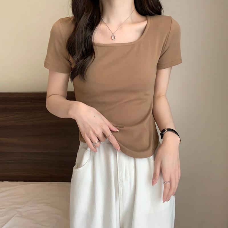 Plus Size Ladies Summer U-neck Short Sleeve T-shirt Women's Solid Color Irregular Short Top