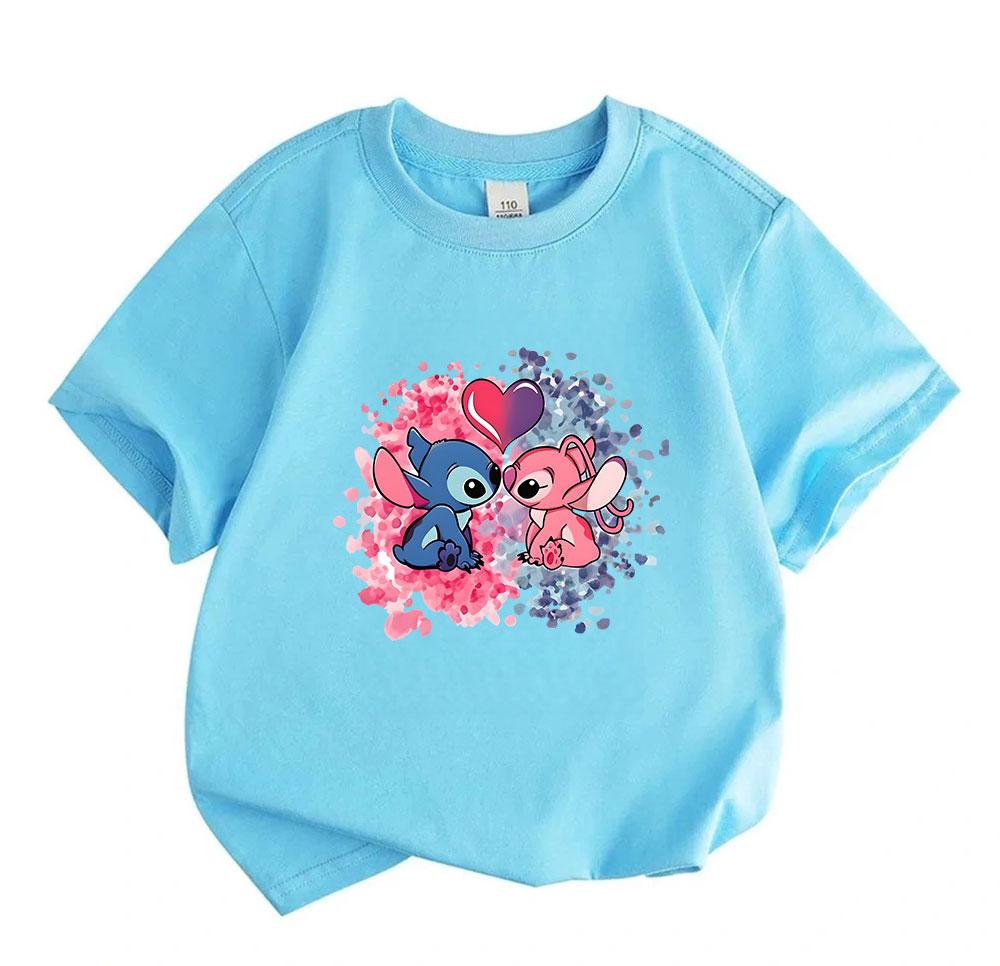 Kids Boys Girls 100% Cotton Short Sleeve O-Neck T-Shirt, Cute Blue Pink Alien Couple Print Tee With Gradient Heart Pattern, Casual Soft Breathable Sum