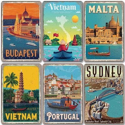 Poster Paesaggio Città Famosa Segni Metallici Vintage Budapest Malta Sydney Lamiera Decorazione Murale Retrò per Soggiorno Casa