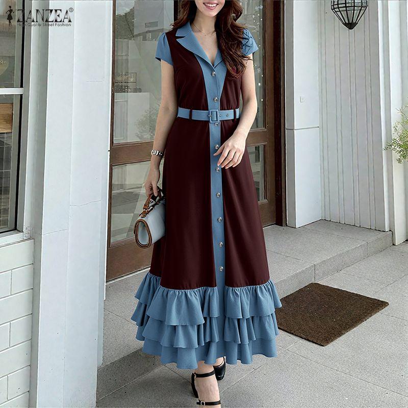 ZANZEA Damen Casual Umlegekragen Kurzarm Sommer Langes Kleid