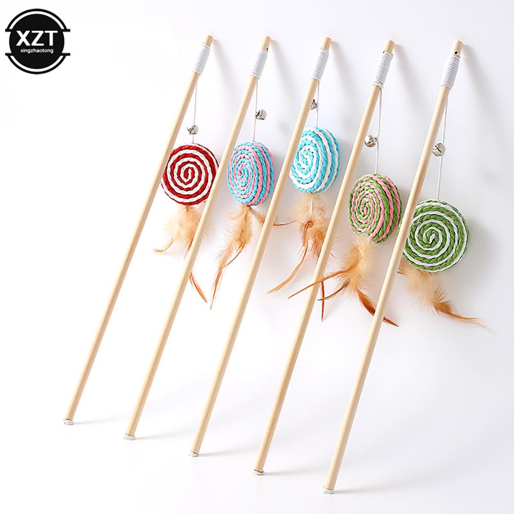 1pc Pet Cat Interactive Stick Feather Cat Stick Teaser Feather Toy Kitten Funny Colorful Rod Cat Wand Toys Wood Pet Cat Supplies