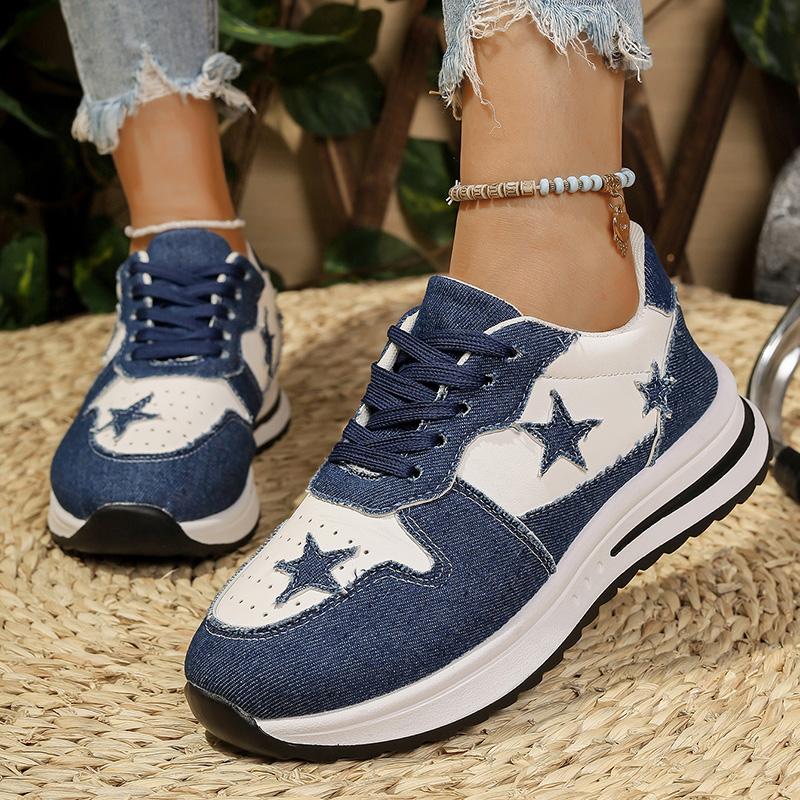 Fashion Mix Color Star Decor Platform Sneakers Women Patchwork Canvas Thick Bottom Vulcanized Shoes Woman Breathable Lace Up Sports Shoe