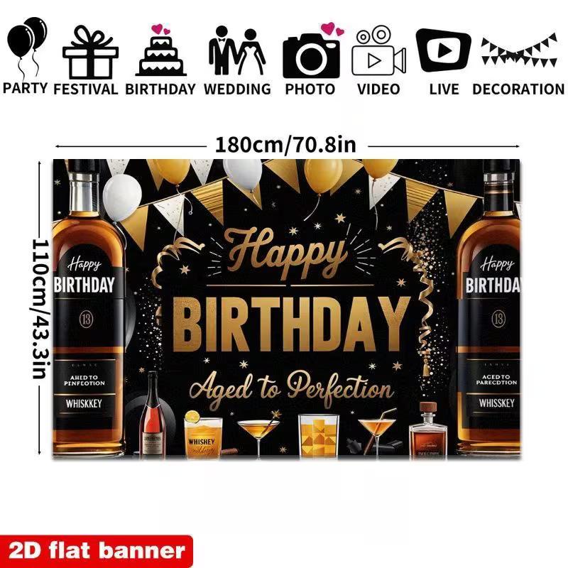 2D Elegant Black and Gold Backdrop, Whiskey Theme "Happy Birthday" Background for Cocktail Parties