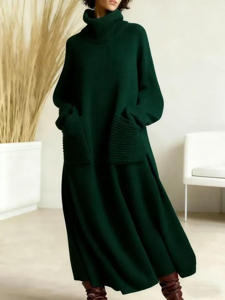 New Style High Neck Knit Dress Loose with Pockets