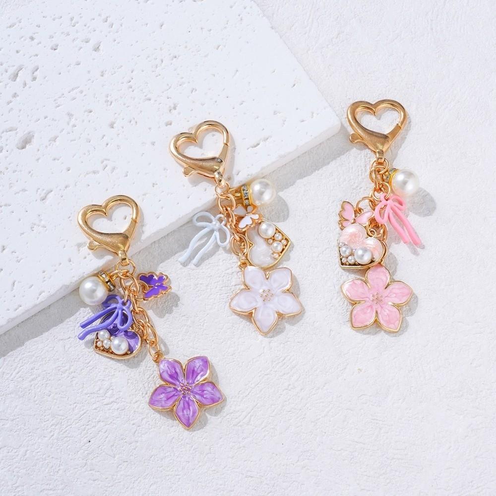 Elegant Zinc Alloy Keychain Heart Shape Pearl Accent Bag Charm Butterfly Shape Enamel Flower Pendant Charm Bag Decoration