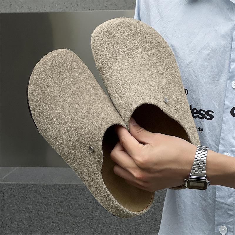 Boken Shoes Men's Foot Cover Summer Breathable Half Drag Outer Wear Leather Slippers 45370 Long Hair beige-Y