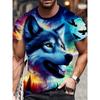 Herren Blau Wolf 3D Gedrucktes T-Shirt Lässig Kurzarm Rundhals Oberteil Cool Mystisches Tier Grafik-T-Shirt Abstrakte Galaxie Kunst Sommer Streetwear Kleidung