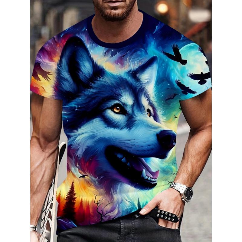 Herren Blau Wolf 3D Gedrucktes T-Shirt Lässig Kurzarm Rundhals Oberteil Cool Mystisches Tier Grafik-T-Shirt Abstrakte Galaxie Kunst Sommer Streetwear Kleidung