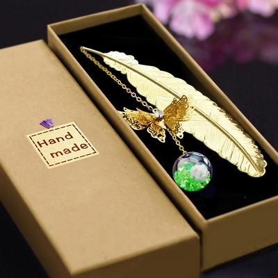 Lesezeichen Metallfeder Lesezeichen 3D Schmetterling Anhänger Getrocknete Blume Buchliebhaber Lehrer Geschenk Buch Zubehör Mit Geschenkbox