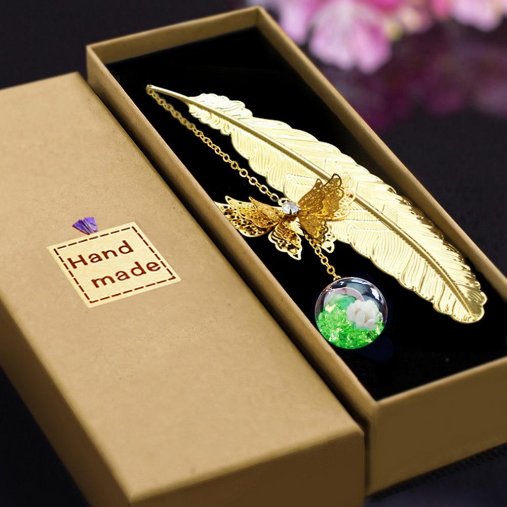 Bookmark Metal Feather Bookmark 3D Butterfly Pendant Dried Flower Book Lovers Teachers Gift Book Accessories With Gift Box