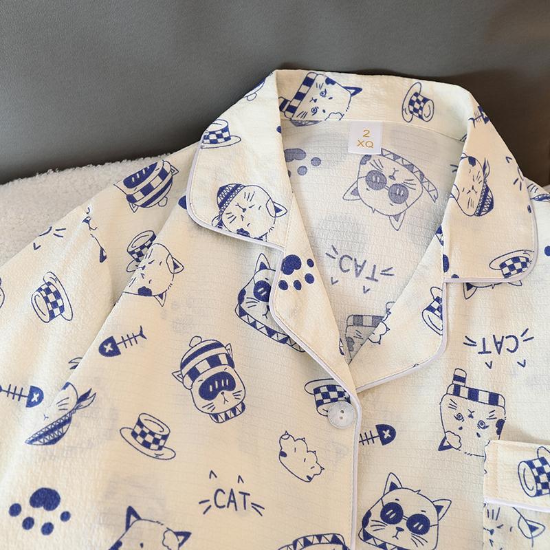 Autumn New Blue Cute Cat Two Piece Pajamas Set Korean Casual Cartoon Sleepwear Women's Cotton V-neck Fashion Homewear